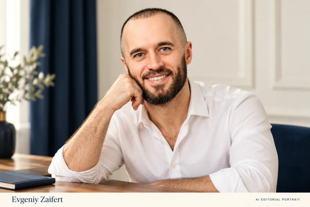 AI-generated editorial portrait of Evgeniy Zaifert (Евгений Зайферт), in a white open-collar shirt at a simple writing table.