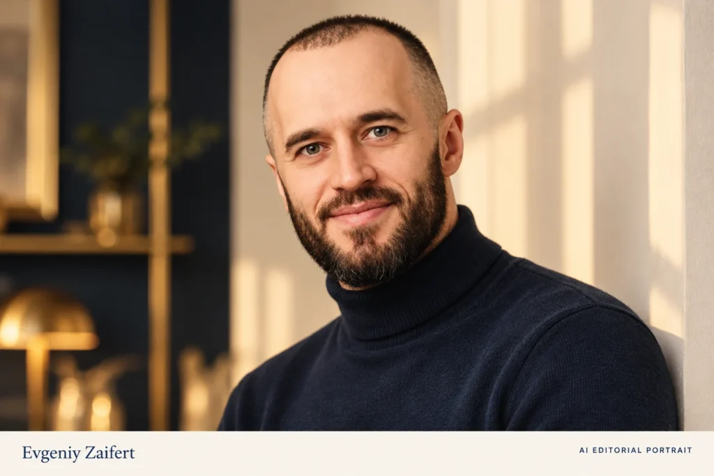 AI-generated editorial portrait of Evgeniy Zaifert (Евгений Зайферт), in a midnight-blue knit turtleneck in warm window light.
