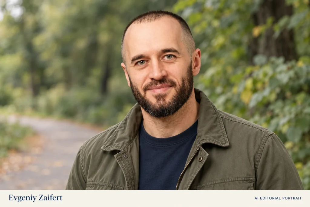AI-generated editorial portrait of Evgeniy Zaifert (Евгений Зайферт), in an olive jacket beside a leafy park path.