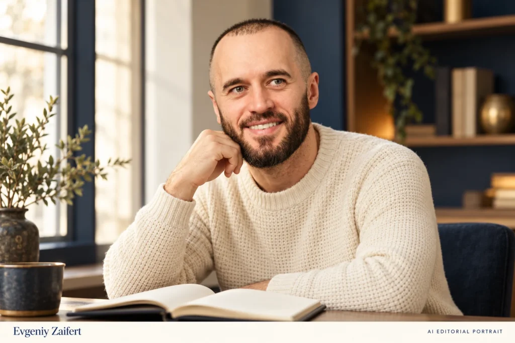 AI-generated editorial portrait of Evgeniy Zaifert (Евгений Зайферт), in an ivory knit sweater beside a window and open notebook.