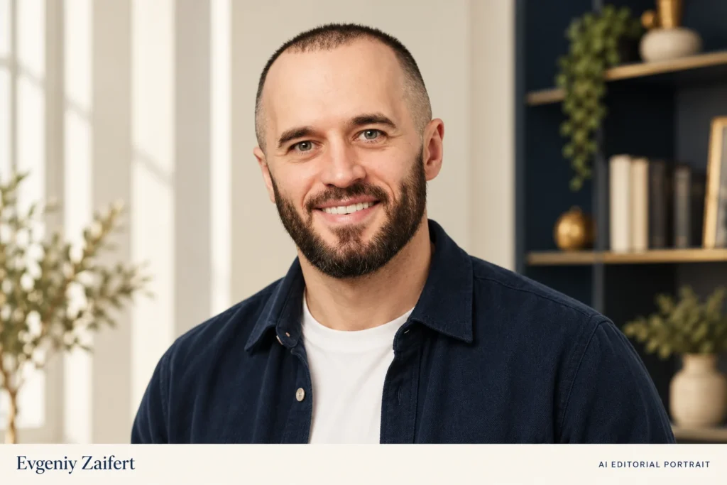 AI-generated editorial portrait of Evgeniy Zaifert (Евгений Зайферт), in a navy overshirt in a bright minimalist interior.