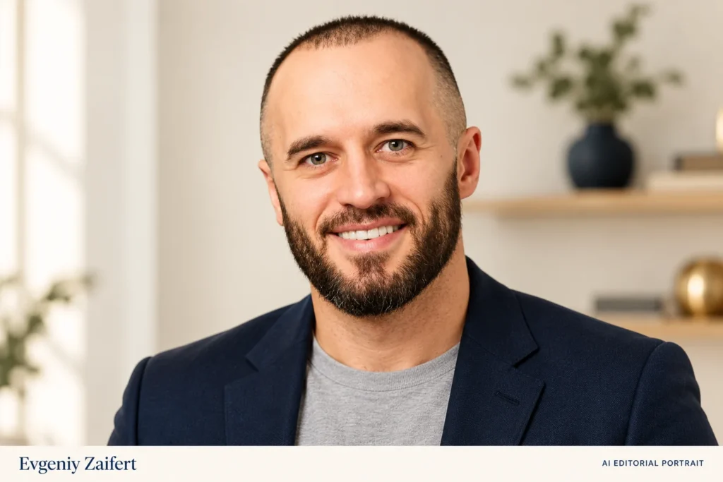 AI-generated editorial portrait of Evgeniy Zaifert (Евгений Зайферт), in a navy blazer and grey T-shirt in a light interior.