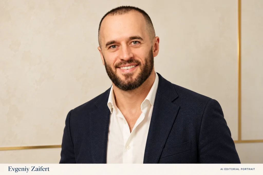 AI-generated editorial portrait of Evgeniy Zaifert (Евгений Зайферт), in a navy blazer and ivory shirt against a light studio backdrop.