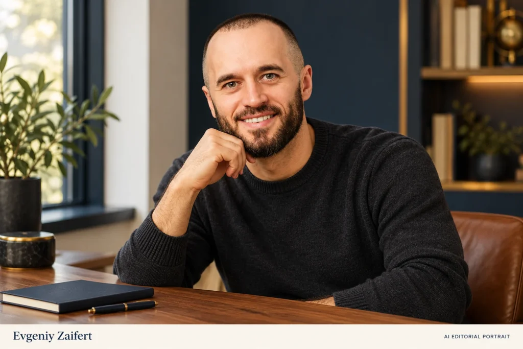 AI-generated editorial portrait of Evgeniy Zaifert (Евгений Зайферт), in a charcoal sweater at a writing desk with a notebook.