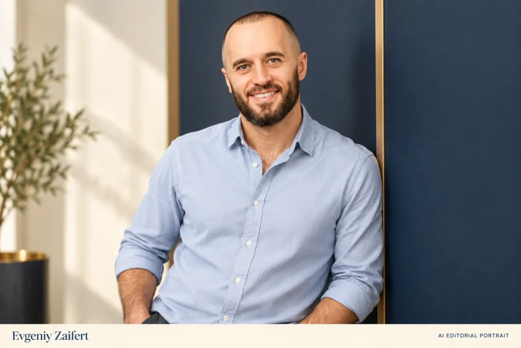 AI-generated editorial portrait of Evgeniy Zaifert (Евгений Зайферт), in a pale-blue Oxford shirt beside a navy wall.