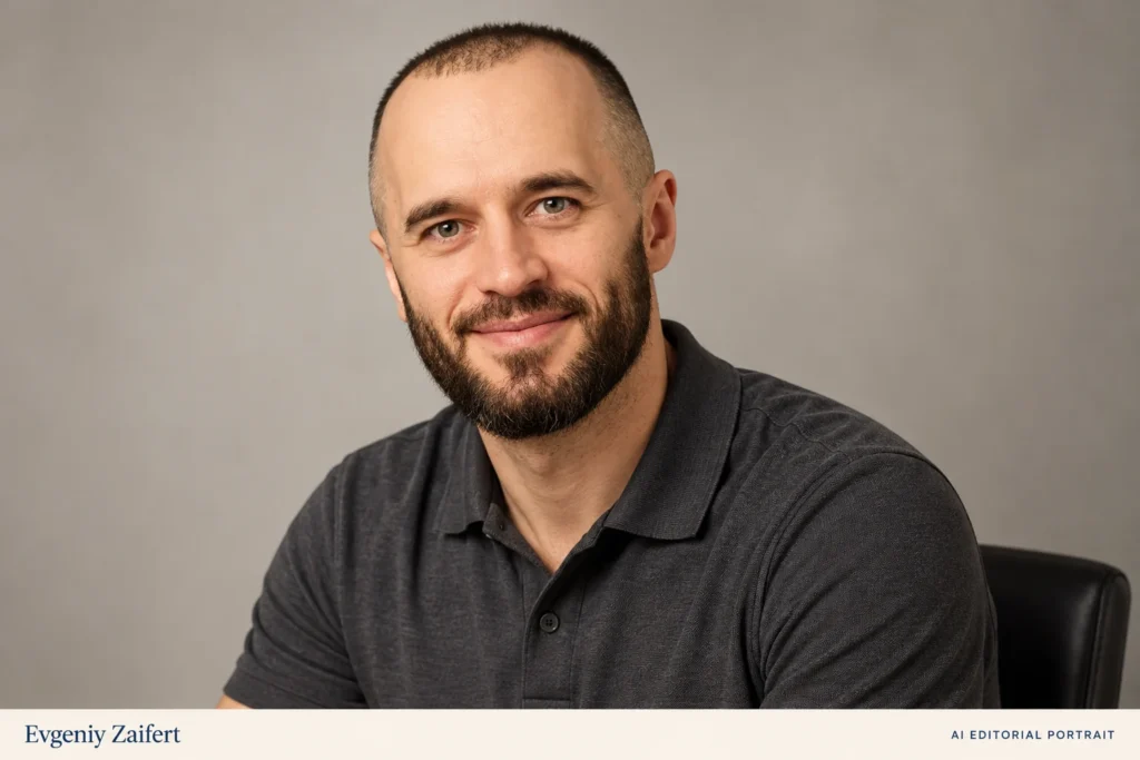 AI-generated editorial portrait of Evgeniy Zaifert (Евгений Зайферт), in a graphite polo shirt against a grey studio backdrop.